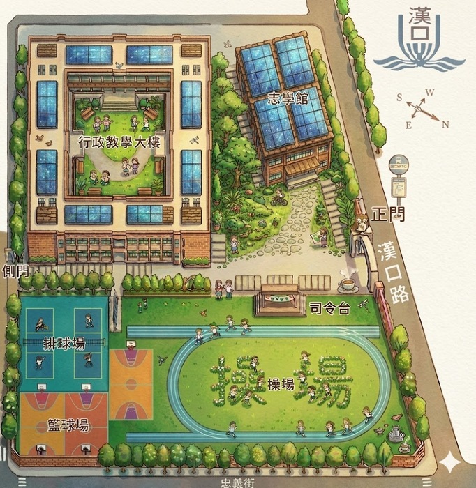 入校右邊志學館為綜合球館 入校前方大樓為教學區與行政區 入校左邊為操場與各式球場圖片